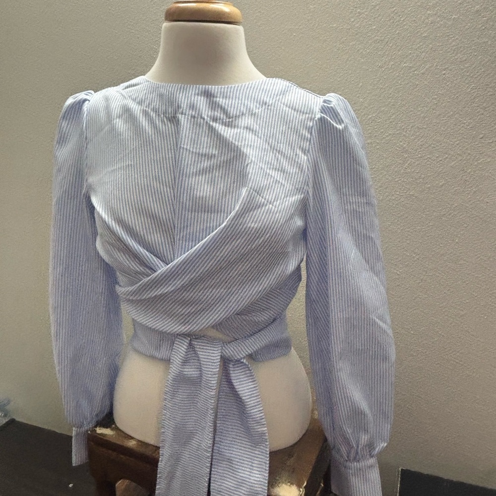 English Factory‎ Blue Puff Sleeve Wrap Blouse